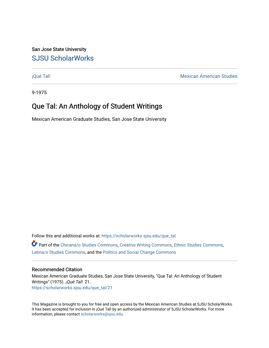 Que Tal: an Anthology of Student Writings