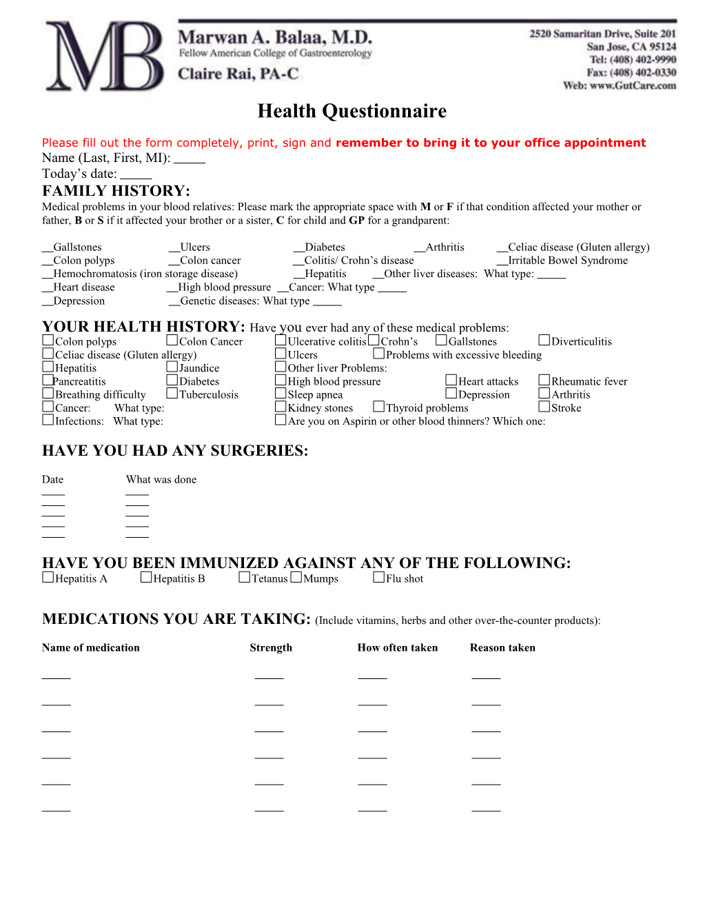 Health Questionnaire