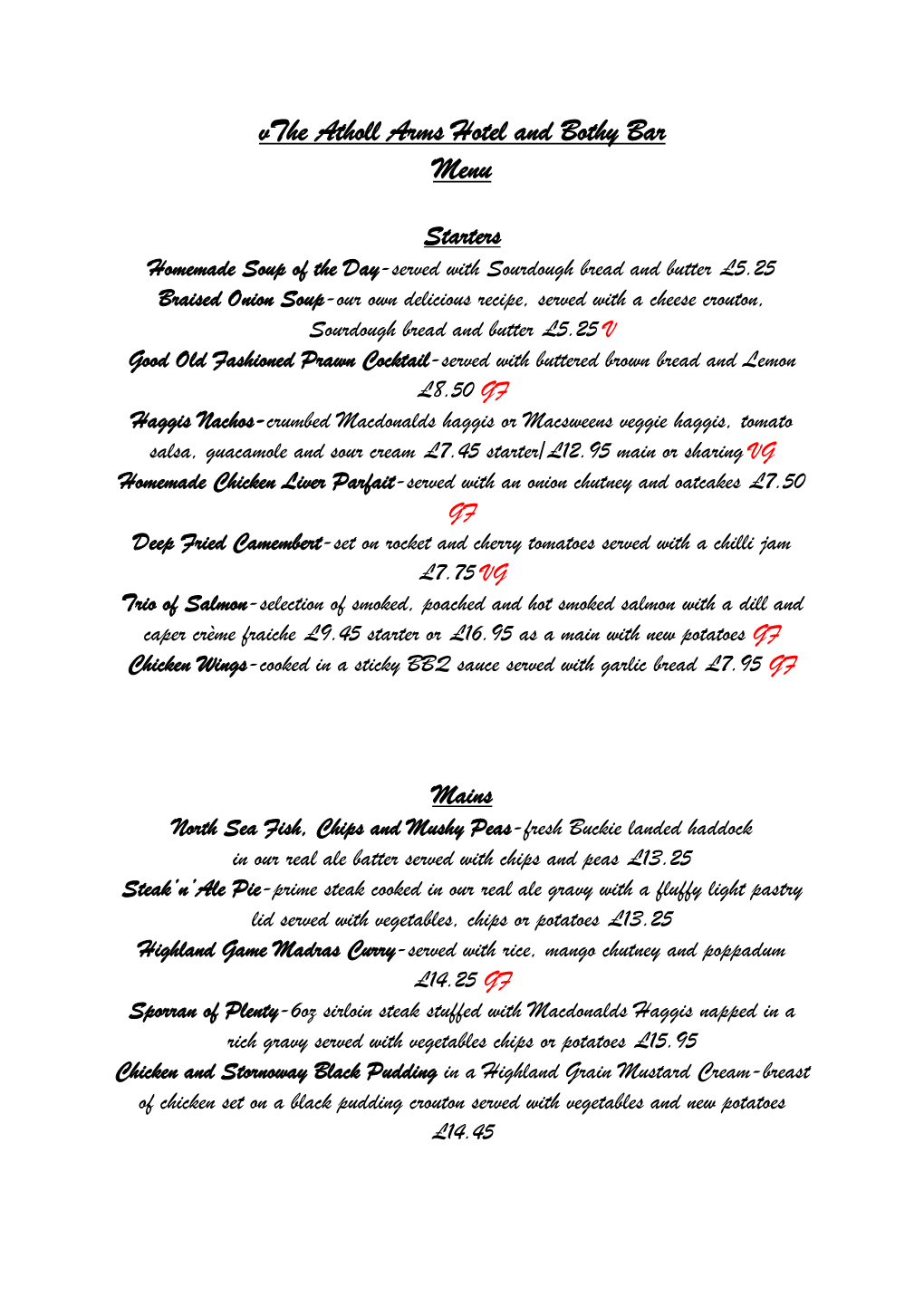 Vthe Atholl Arms Hotel and Bothy Bar Menu