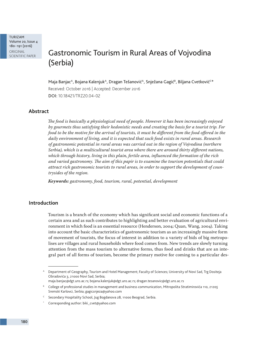 Gastronomic Tourism in Rural Areas of Vojvodina (Serbia)