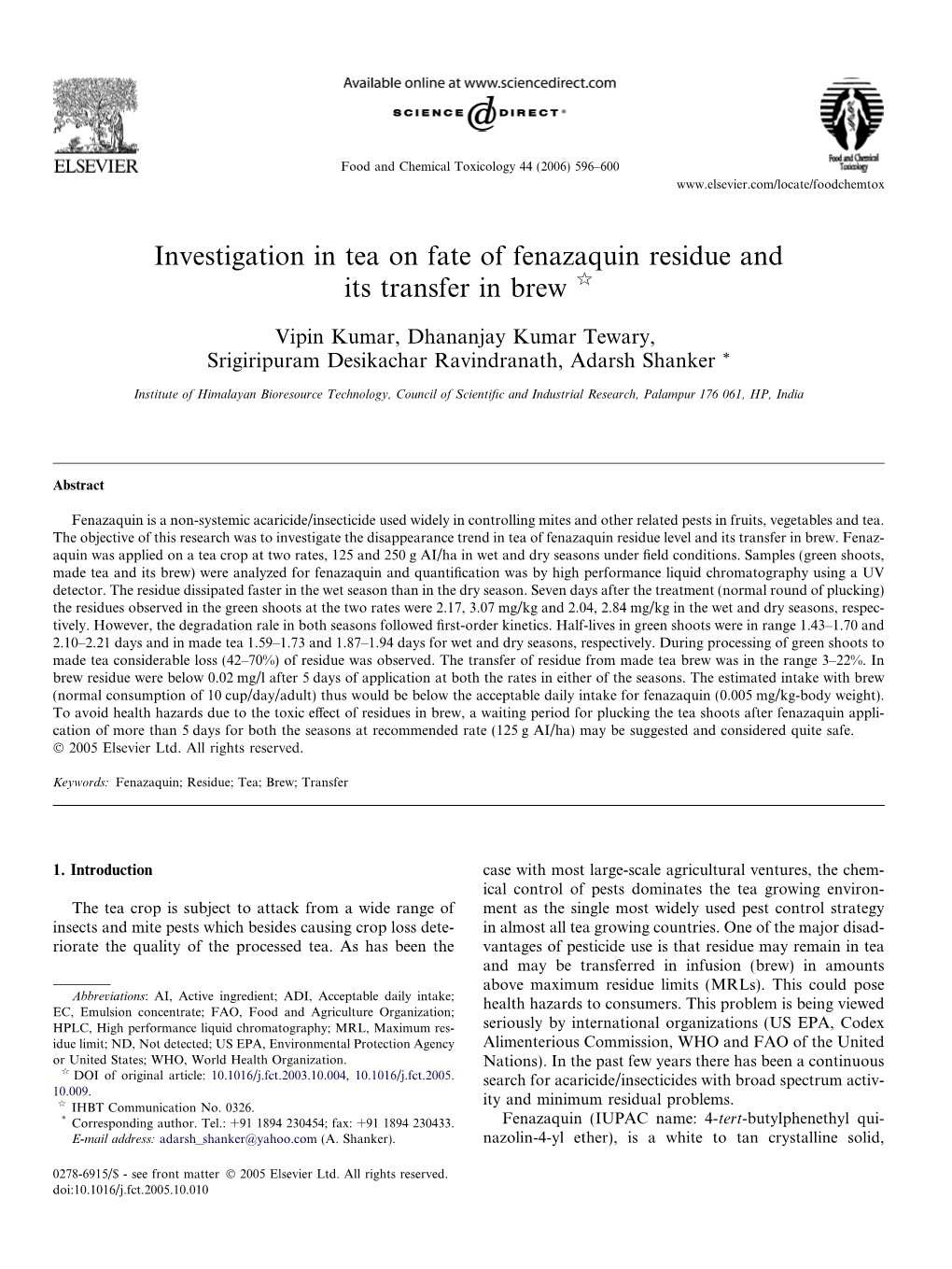 Investigation in Tea on Fate of Fenazaquin Residue and Its Transfer in Brew Q