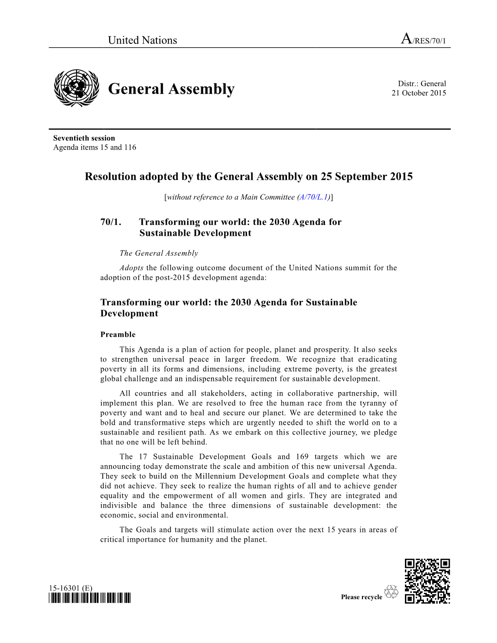 The 2030 Agenda for Sustainable Development. A/RES/70/1