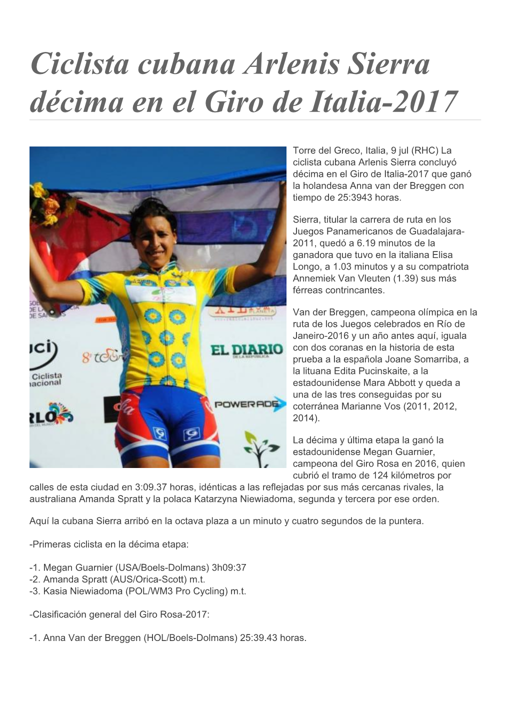 Ciclista Cubana Arlenis Sierra Décima En El Giro De Italia-2017