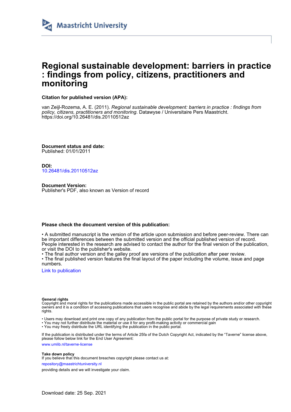 Regional Sustainable Development: Barriers in Practice : Findings from Policy, Citizens, Practitioners and Monitoring