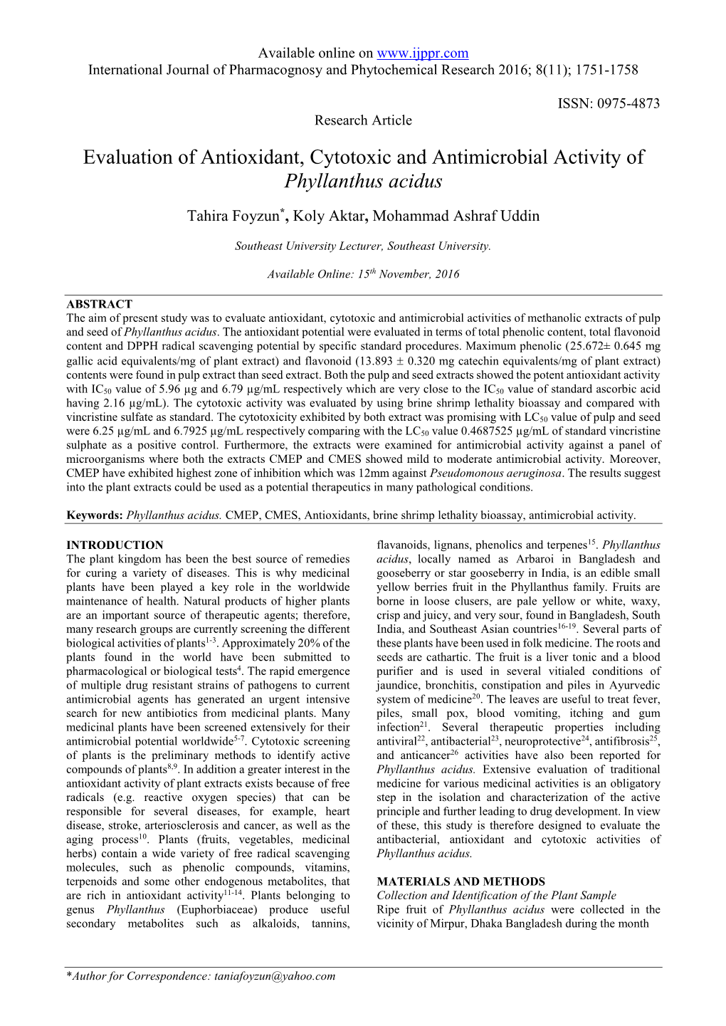 Evaluation of Antioxidant, Cytotoxic and Antimicrobial Activity of Phyllanthus Acidus