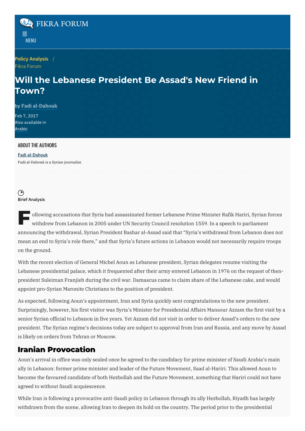 Will the Lebanese President Be Assad's New Friend in Town? by Fadi Al-Dahouk