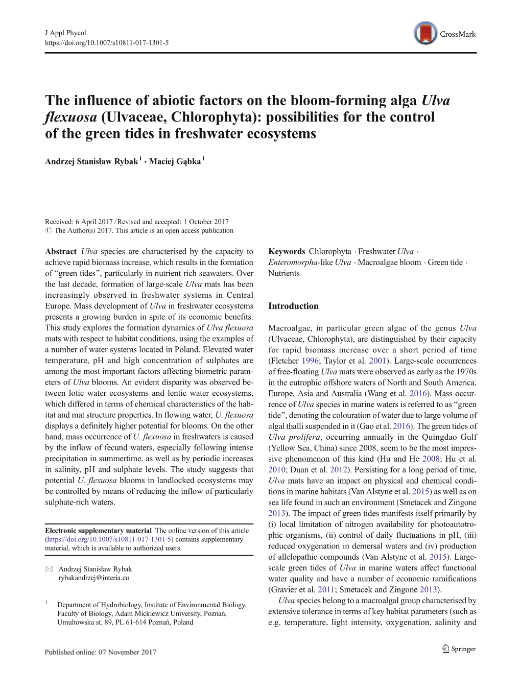 The Influence of Abiotic Factors on the Bloom-Forming Alga Ulva Flexuosa