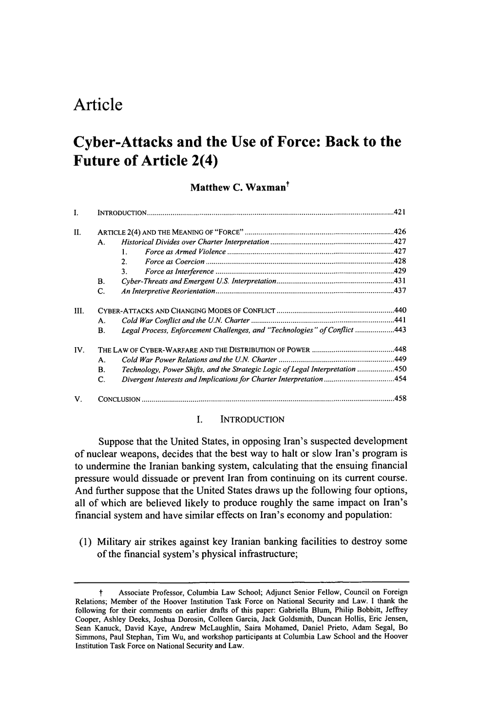 Cyber-Attacks and the Use of Force: Back to the Future of Article 2(4)