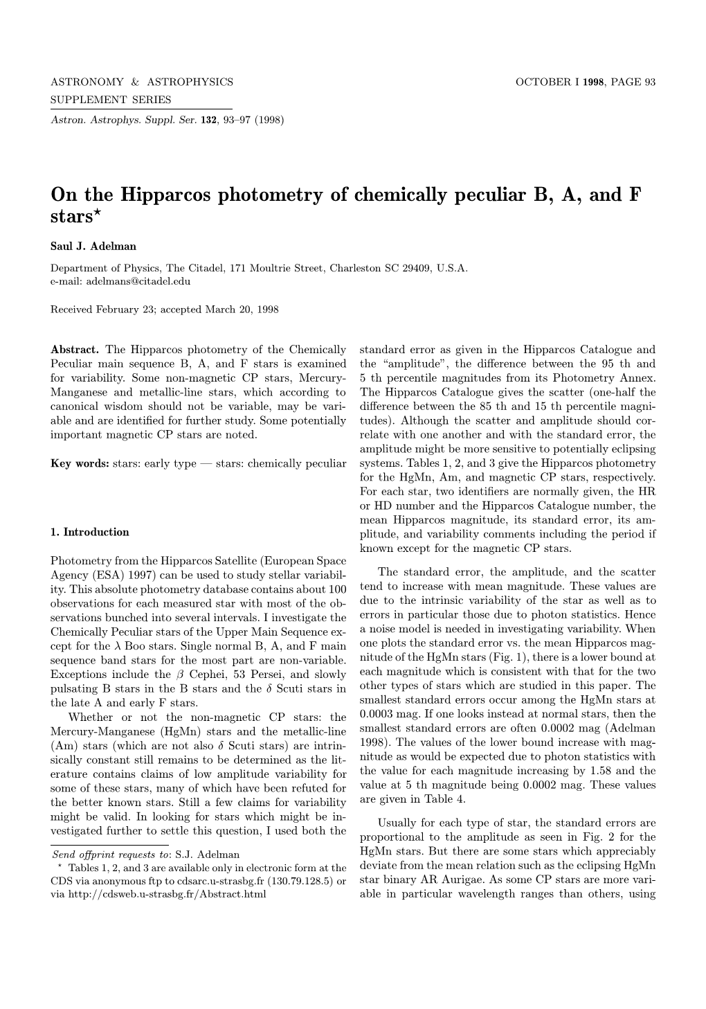 On the Hipparcos Photometry of Chemically Peculiar B, A, and F Stars?