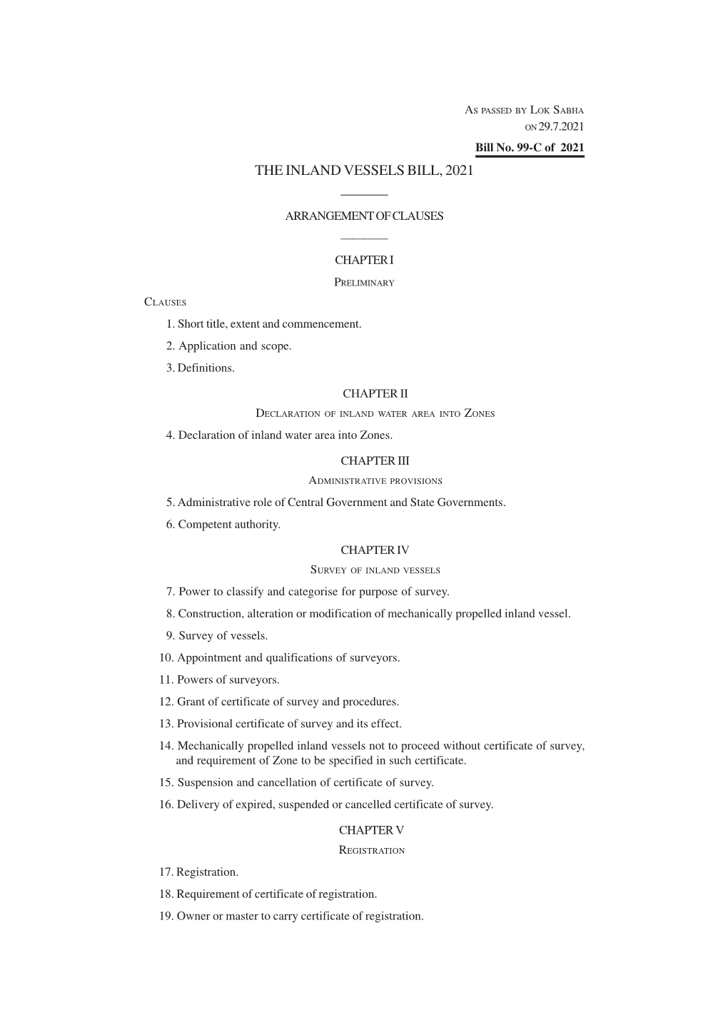 The Inland Vessels Bill, 2021 ———— Arrangement of Clauses ———— Chapter I