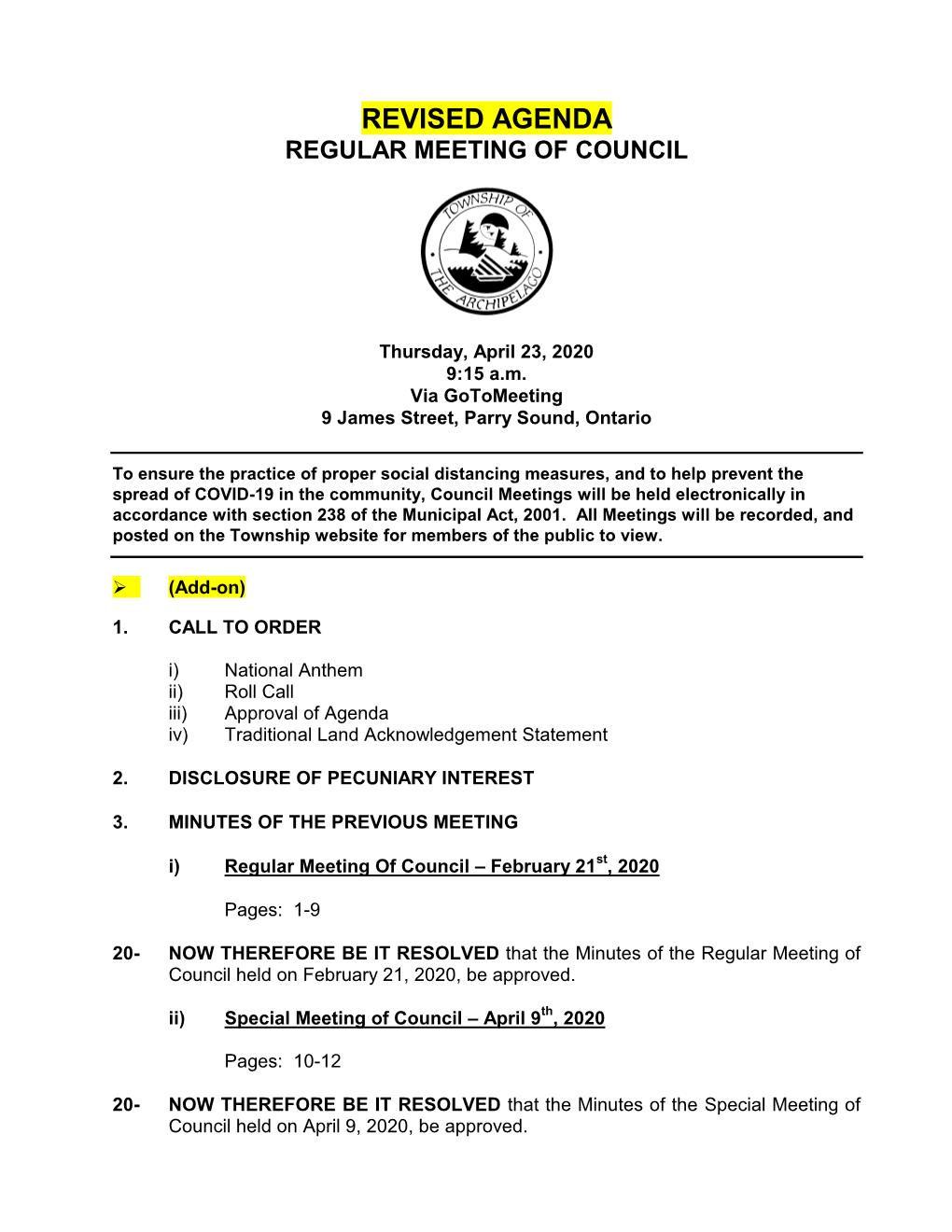 Revised Agenda Regular Meeting of Council