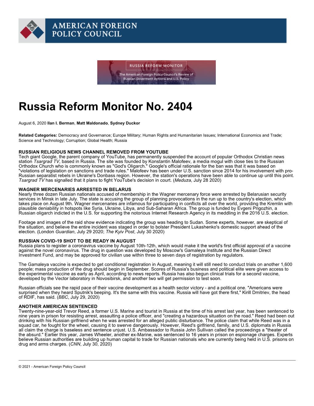 Russia Reform Monitor No. 2404 | American Foreign Policy Council