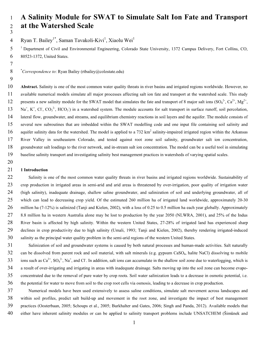 A Salinity Module for SWAT to Simulate Salt Ion Fate and Transport 2 at the Watershed Scale 3 4 Ryan T