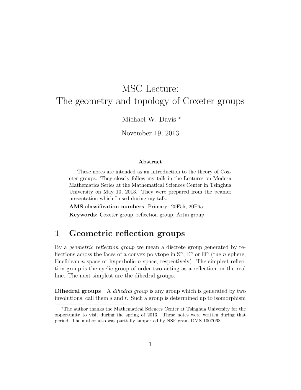 MSC Lecture: the Geometry and Topology of Coxeter Groups