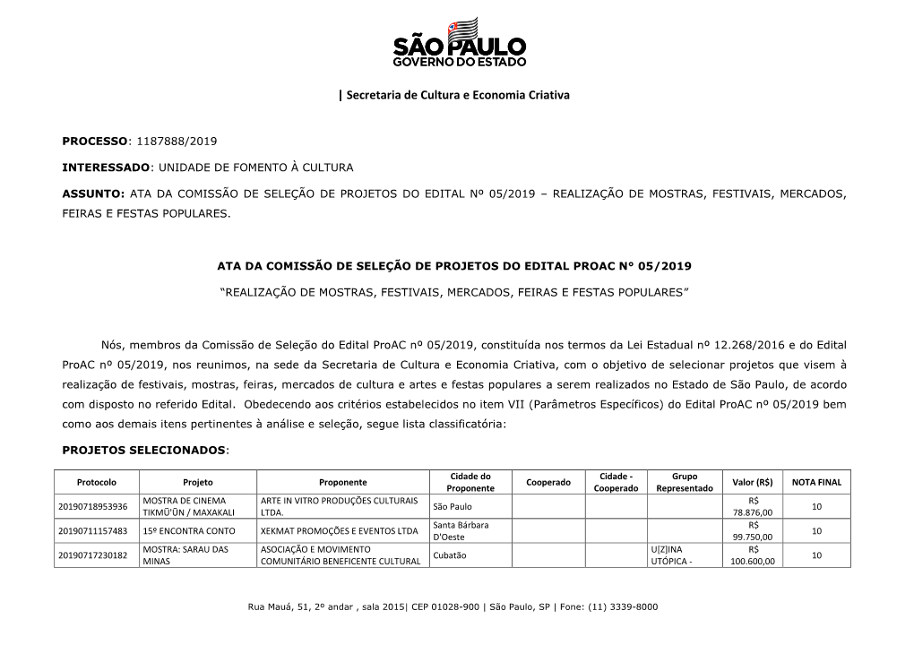 Ata Da Comissão De Seleção De Projetos Do Edital Nº 05/2019 – Realização De Mostras, Festivais, Mercados, Feiras E Festas Populares