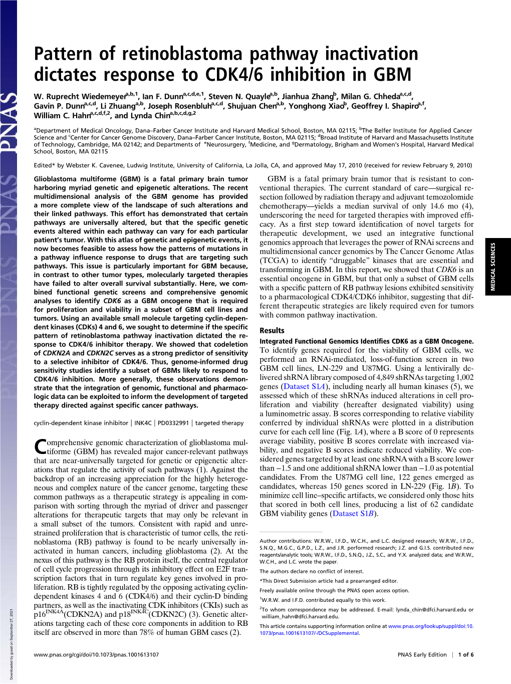 Pattern of Retinoblastoma Pathway Inactivation Dictates Response to CDK4/6 Inhibition in GBM