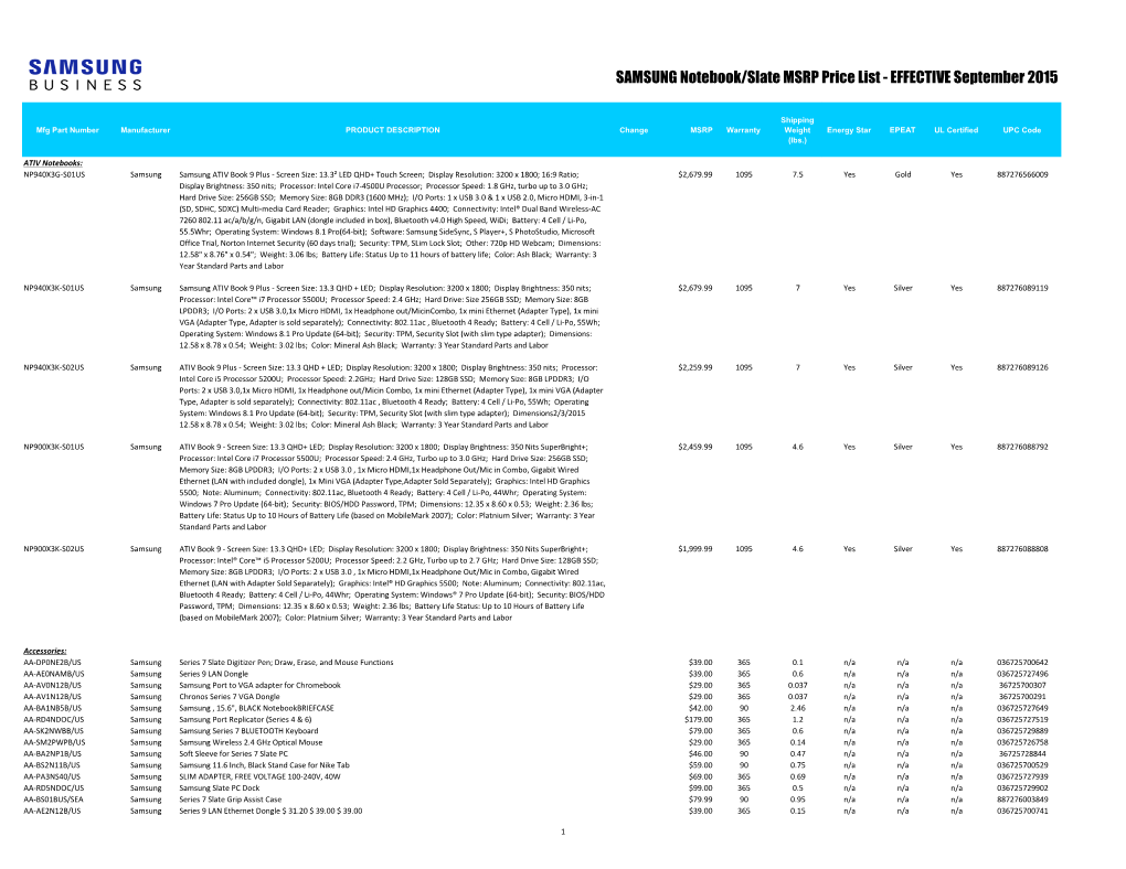 SAMSUNG Notebook/Slate MSRP Price List - EFFECTIVE September 2015