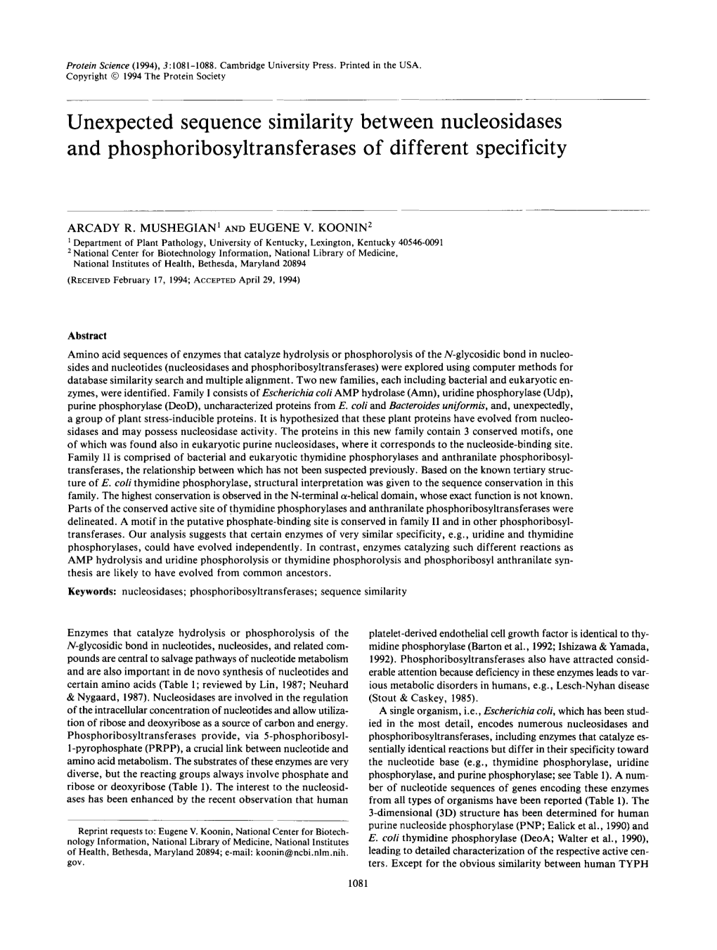 Unexpected Sequence Similarity Between Nucleosidases and Phosphoribosyltransferases of Different Specificity