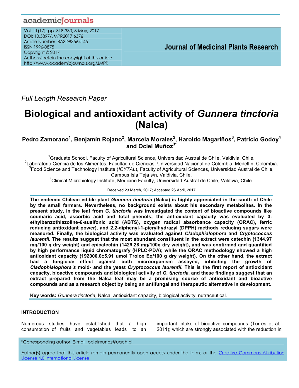 Biological and Antioxidant Activity of Gunnera Tinctoria (Nalca)