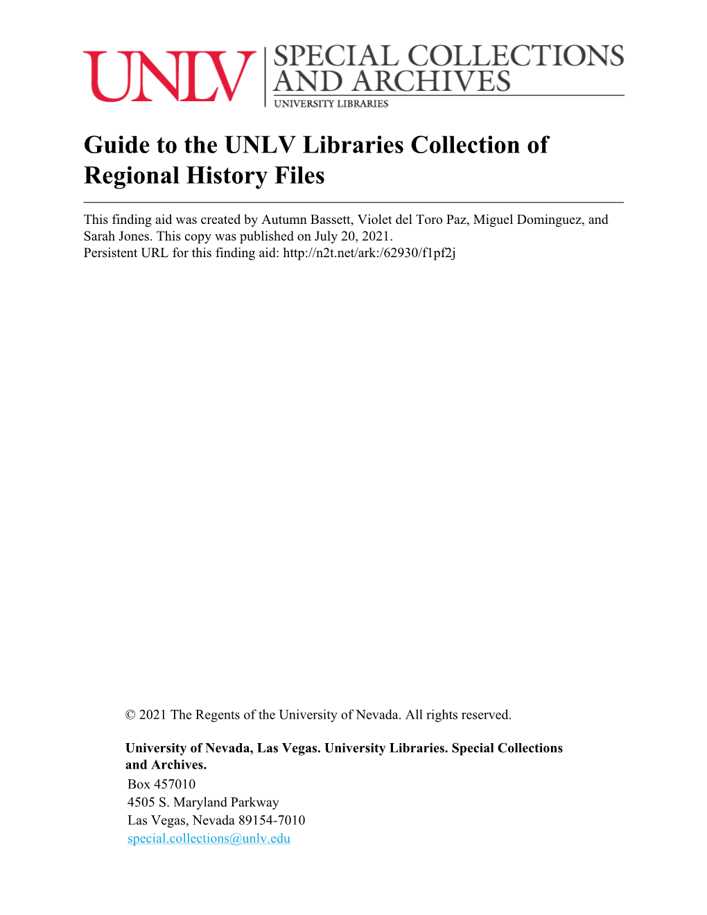 Guide to the UNLV Libraries Collection of Regional History Files