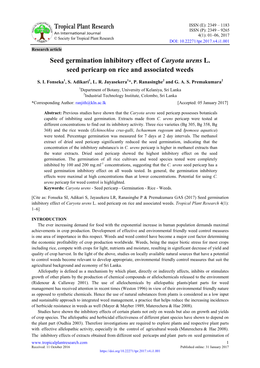 Seed Germination Inhibitory Effect of Caryota Urens L. Seed Pericarp on Rice and Associated Weeds