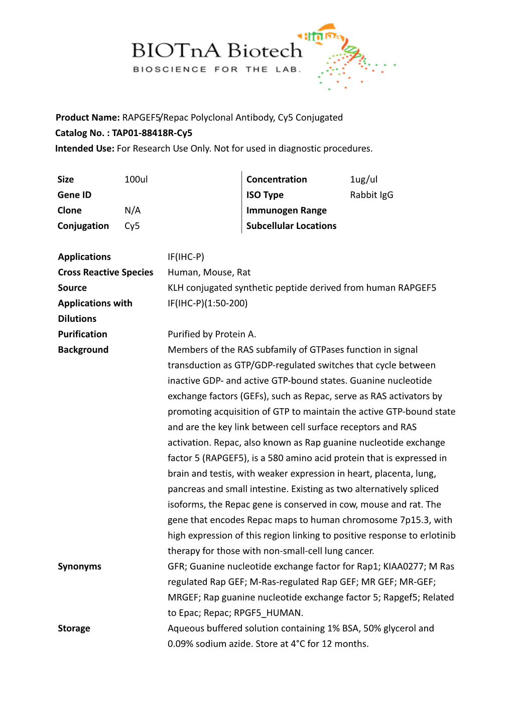 RAPGEF5/Repac Polyclonal Antibody, Cy5 Conjugated Catalog No