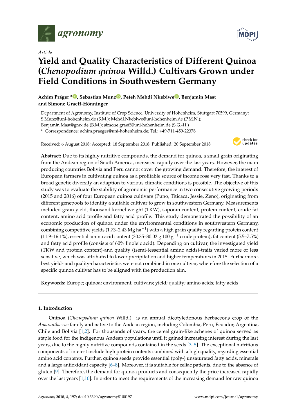 Yield and Quality Characteristics of Different Quinoa (Chenopodium Quinoa Willd.) Cultivars Grown Under Field Conditions in Southwestern Germany