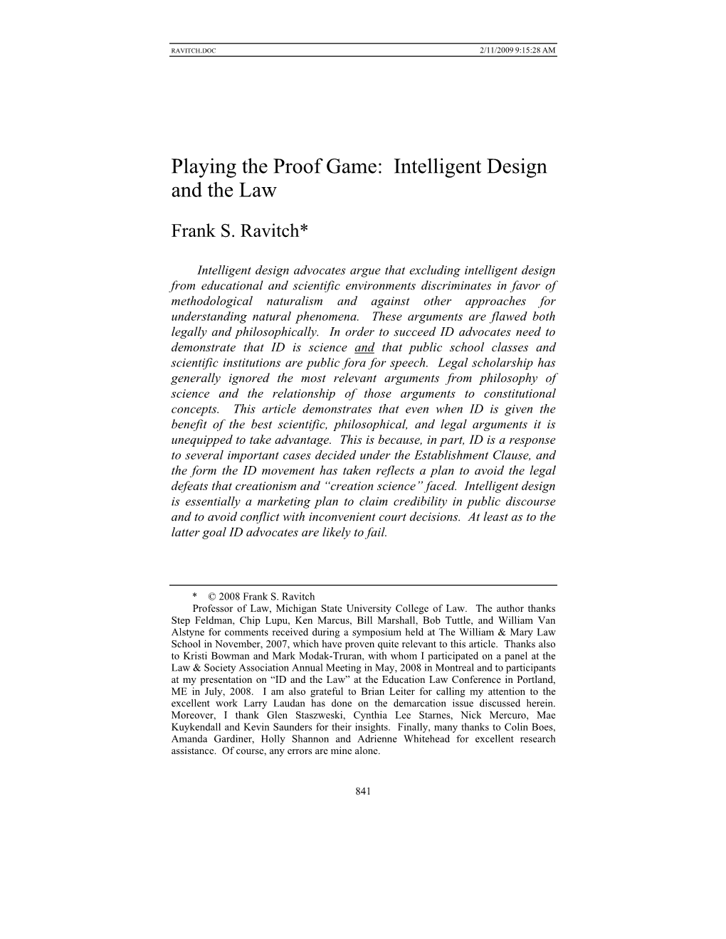 Playing the Proof Game: Intelligent Design and the Law