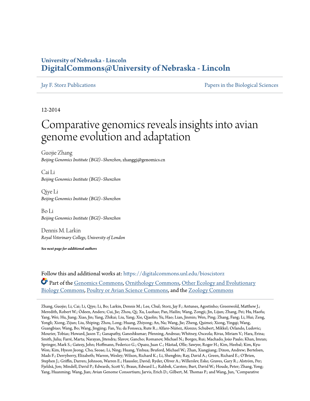 Comparative Genomics Reveals Insights Into Avian Genome Evolution and Adaptation Guojie Zhang Beijing Genomics Institute (BGI)–Shenzhen, Zhanggj@Genomics.Cn