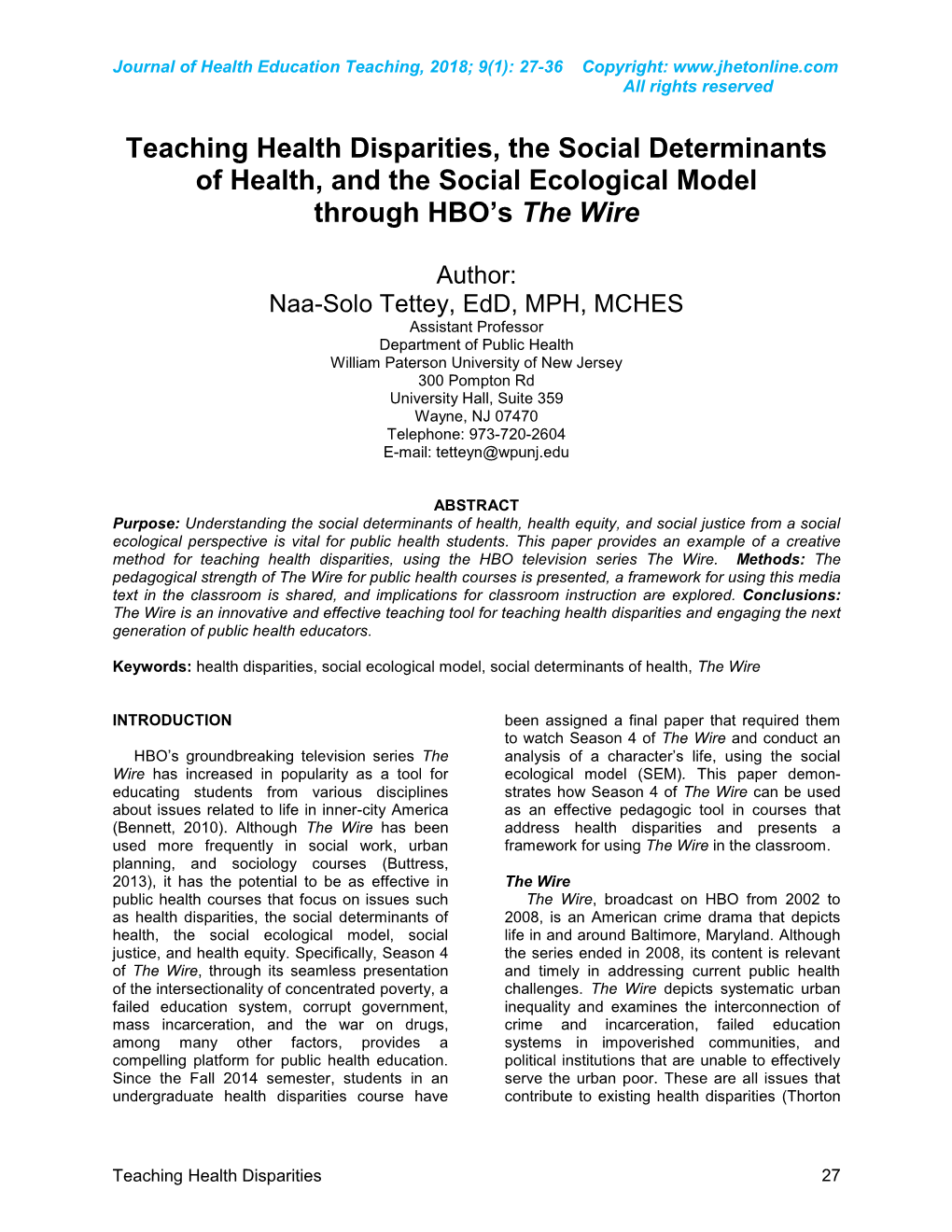 Teaching Health Disparities, the Social Determinants of Health, and the Social Ecological Model Through HBO's the Wire