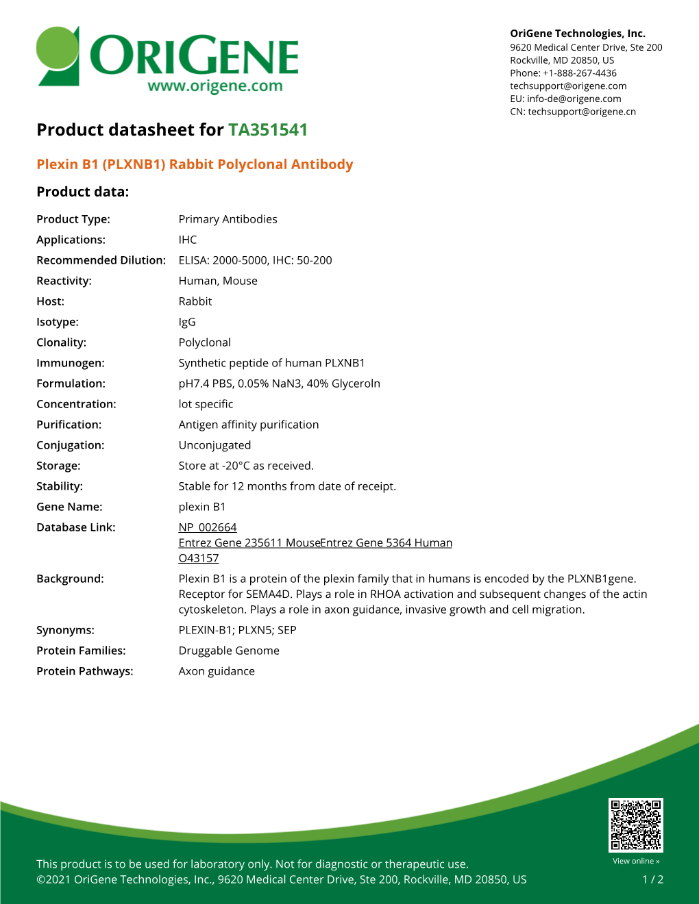 Plexin B1 (PLXNB1) Rabbit Polyclonal Antibody Product Data