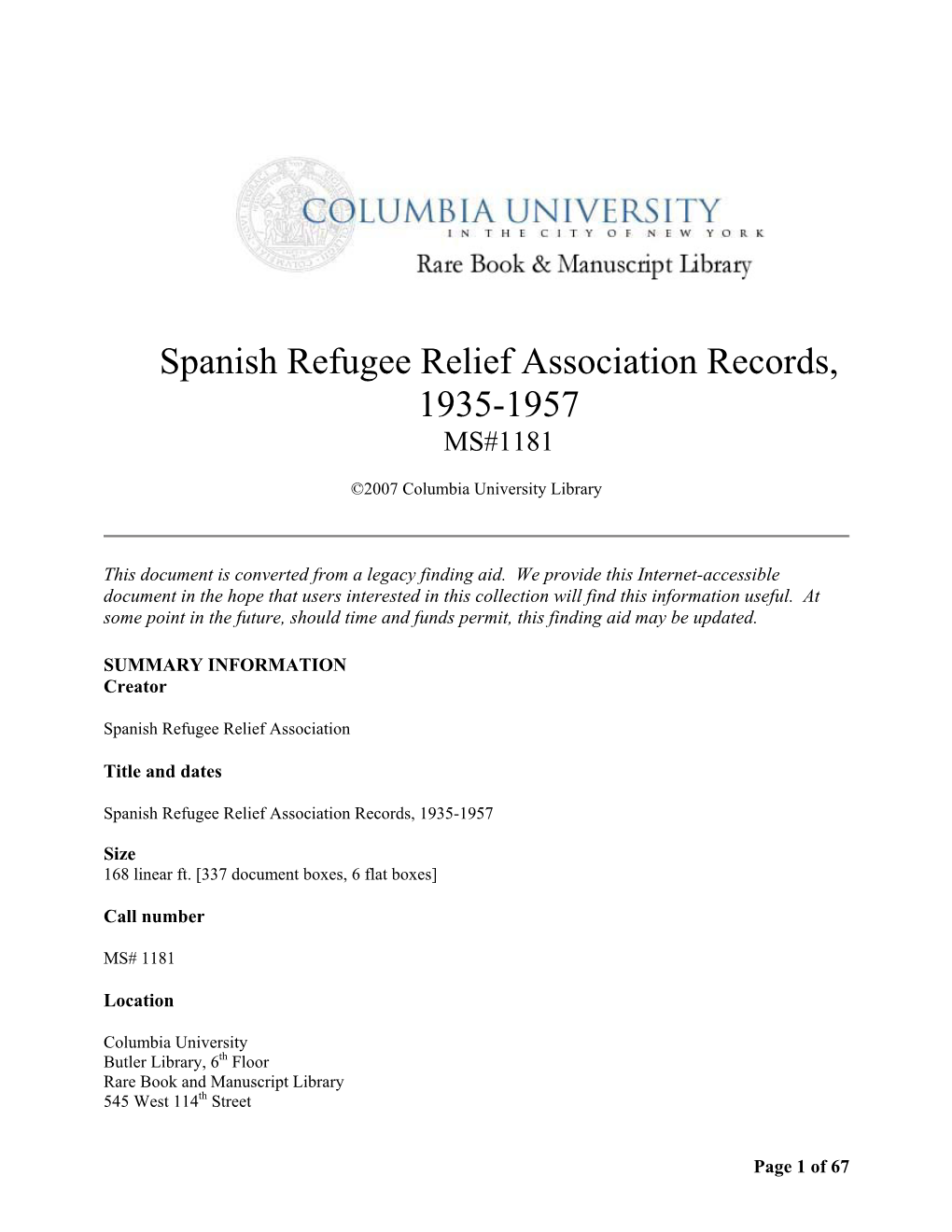 Spanish Refugee Relief Association Records, 1935-1957 MS#1181