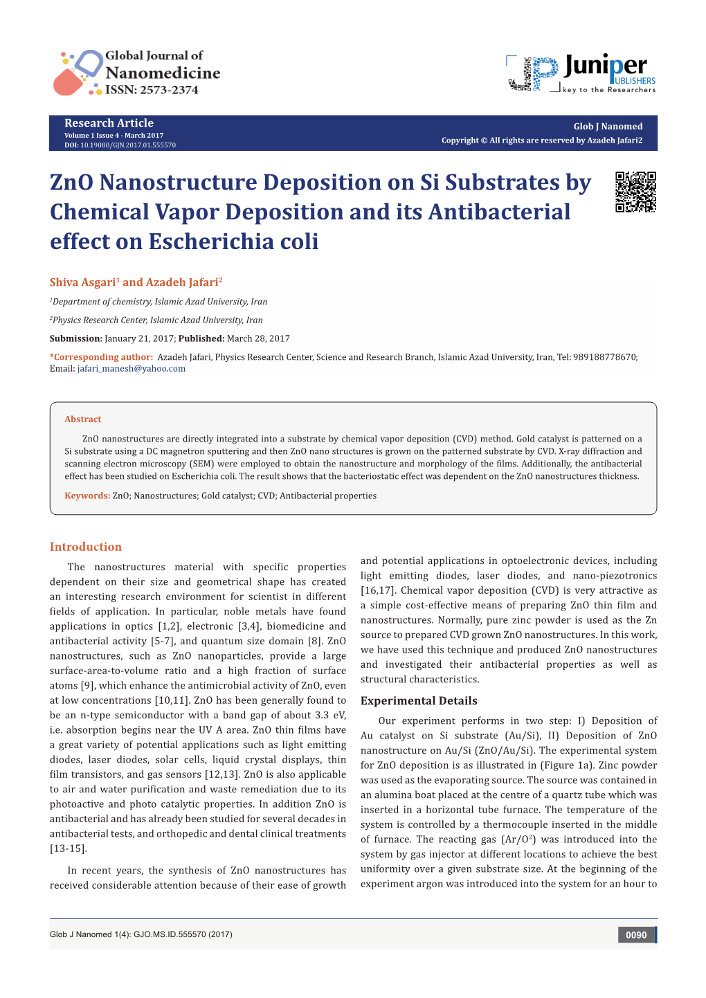 Zno Nanostructure Deposition on Si Substrates by Chemical Vapor Deposition and Its Antibacterial Effect on Escherichia Coli
