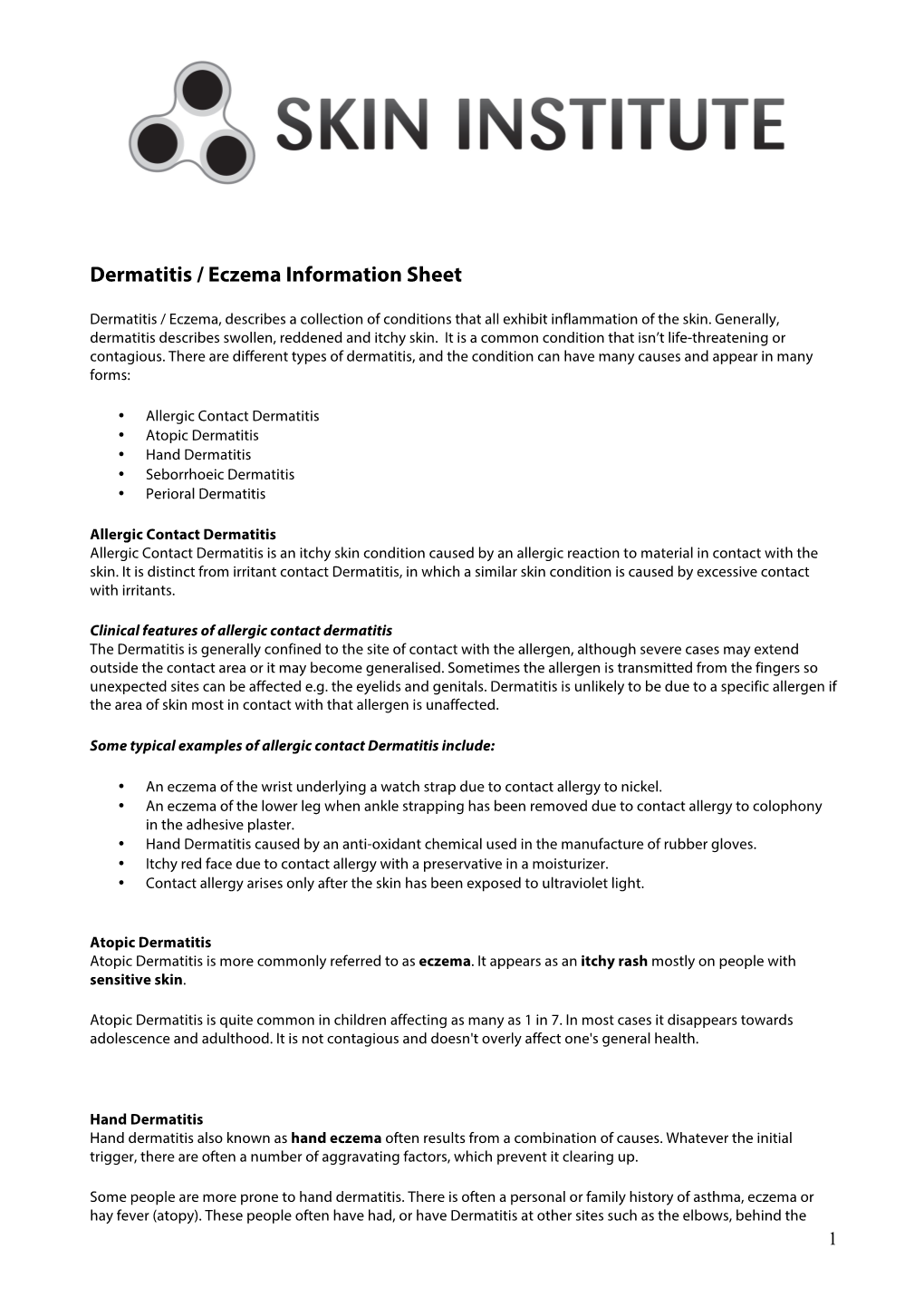 Dermatitis / Eczema Information Sheet