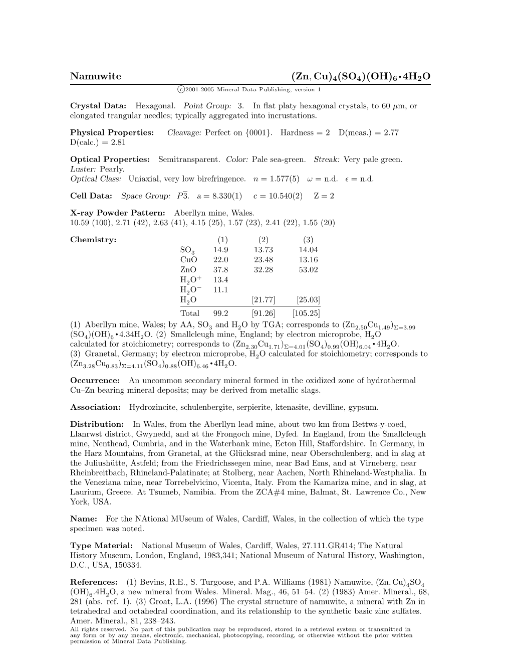 Namuwite (Zn, Cu)4(SO4)(OH)6 • 4H2O C 2001-2005 Mineral Data Publishing, Version 1