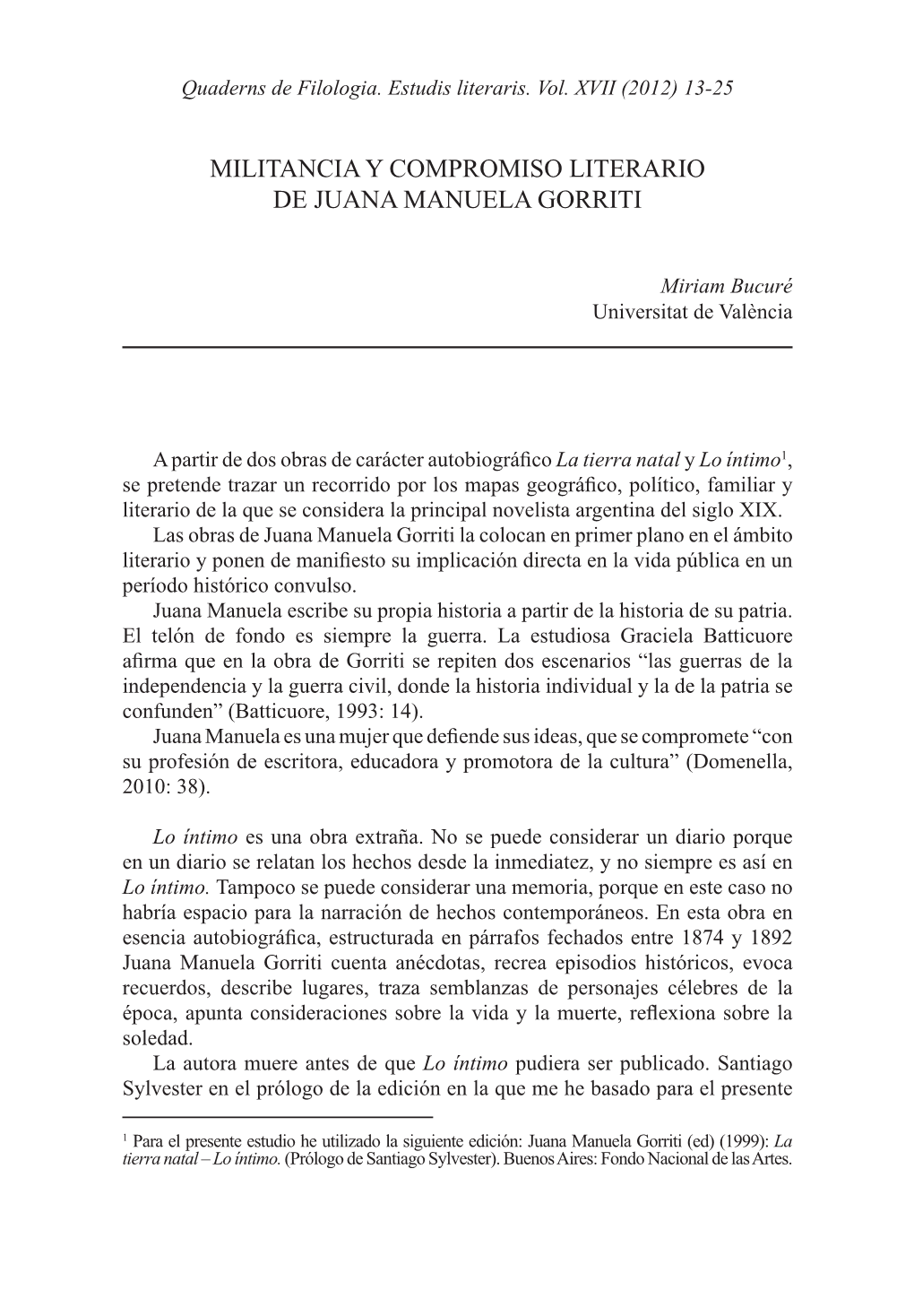 Militancia Y Compromiso Literario De Juana Manuela Gorriti