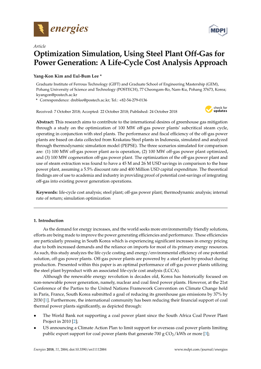 Optimization Simulation, Using Steel Plant Off-Gas for Power Generation: a Life-Cycle Cost Analysis Approach