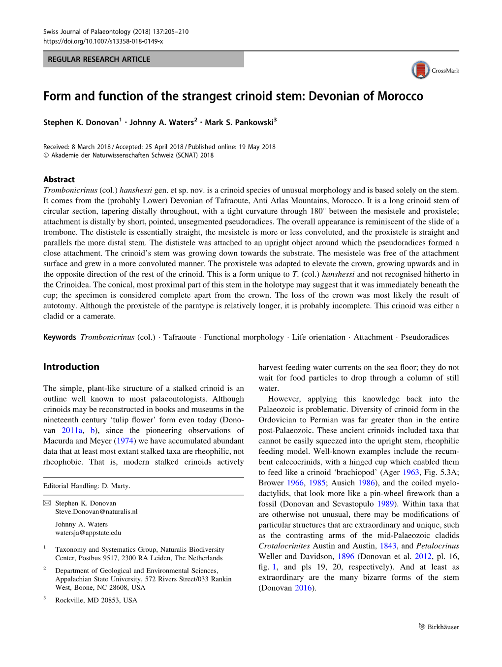 Form and Function of the Strangest Crinoid Stem: Devonian of Morocco