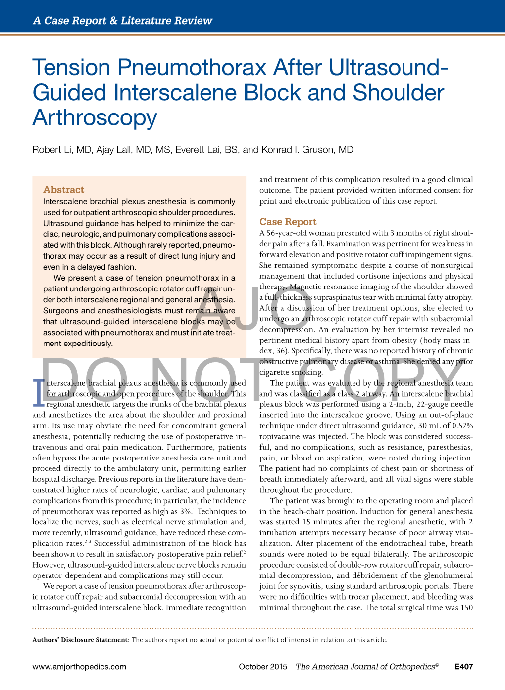 Tension Pneumothorax After Ultrasound- Guided Interscalene Block and Shoulder Arthroscopy