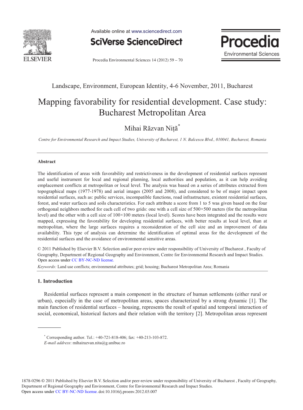 Mapping Favorability for Residential Development. Case Study: Bucharest Metropolitan Area