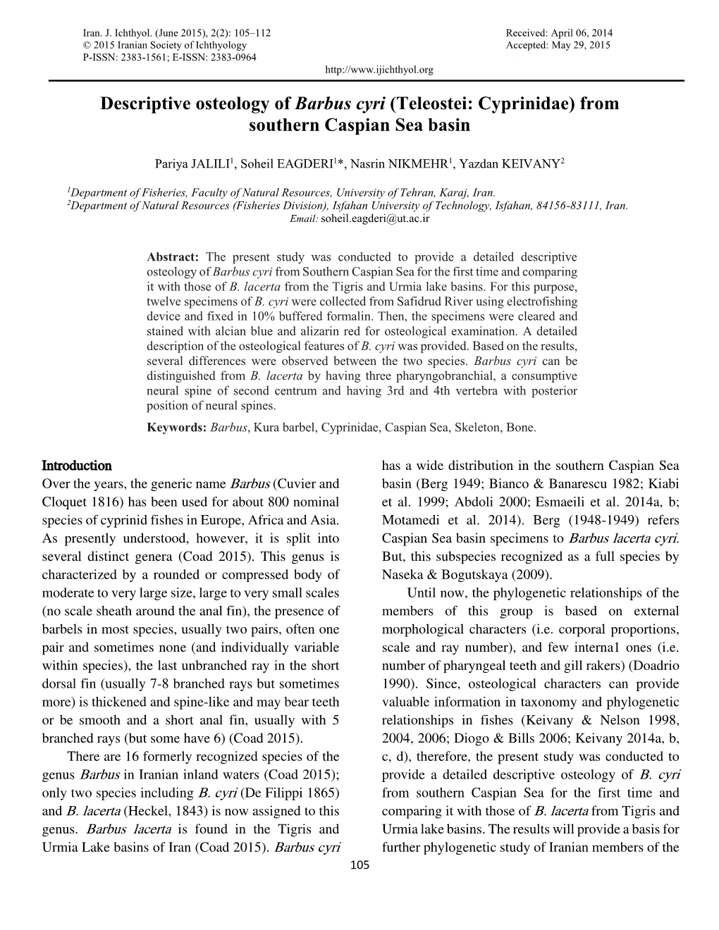 Descriptive Osteology of Barbus Cyri (Teleostei: Cyprinidae) from Southern Caspian Sea Basin