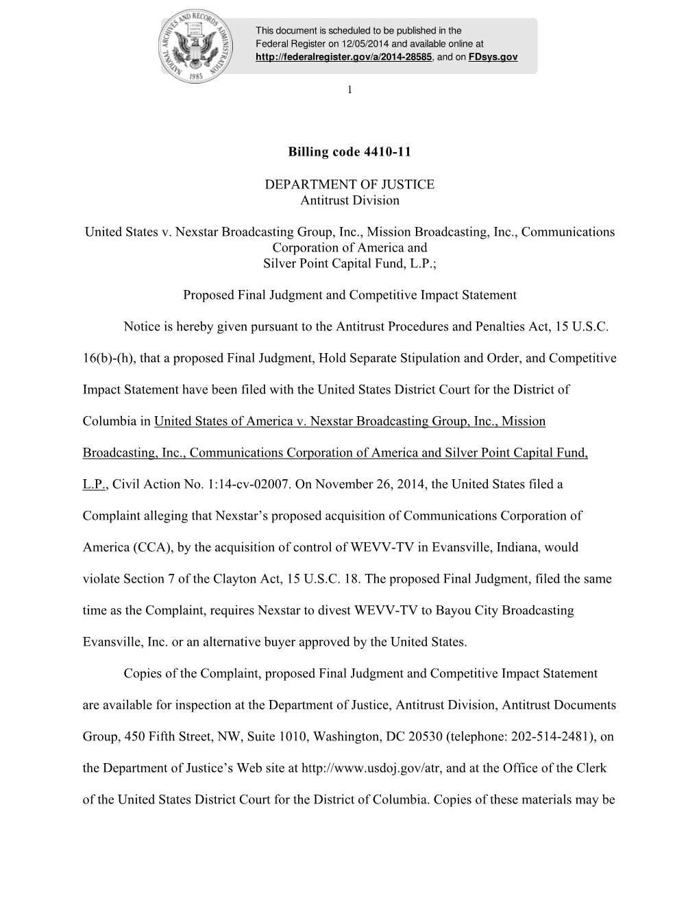 Billing Code 4410-11 DEPARTMENT of JUSTICE Antitrust Division