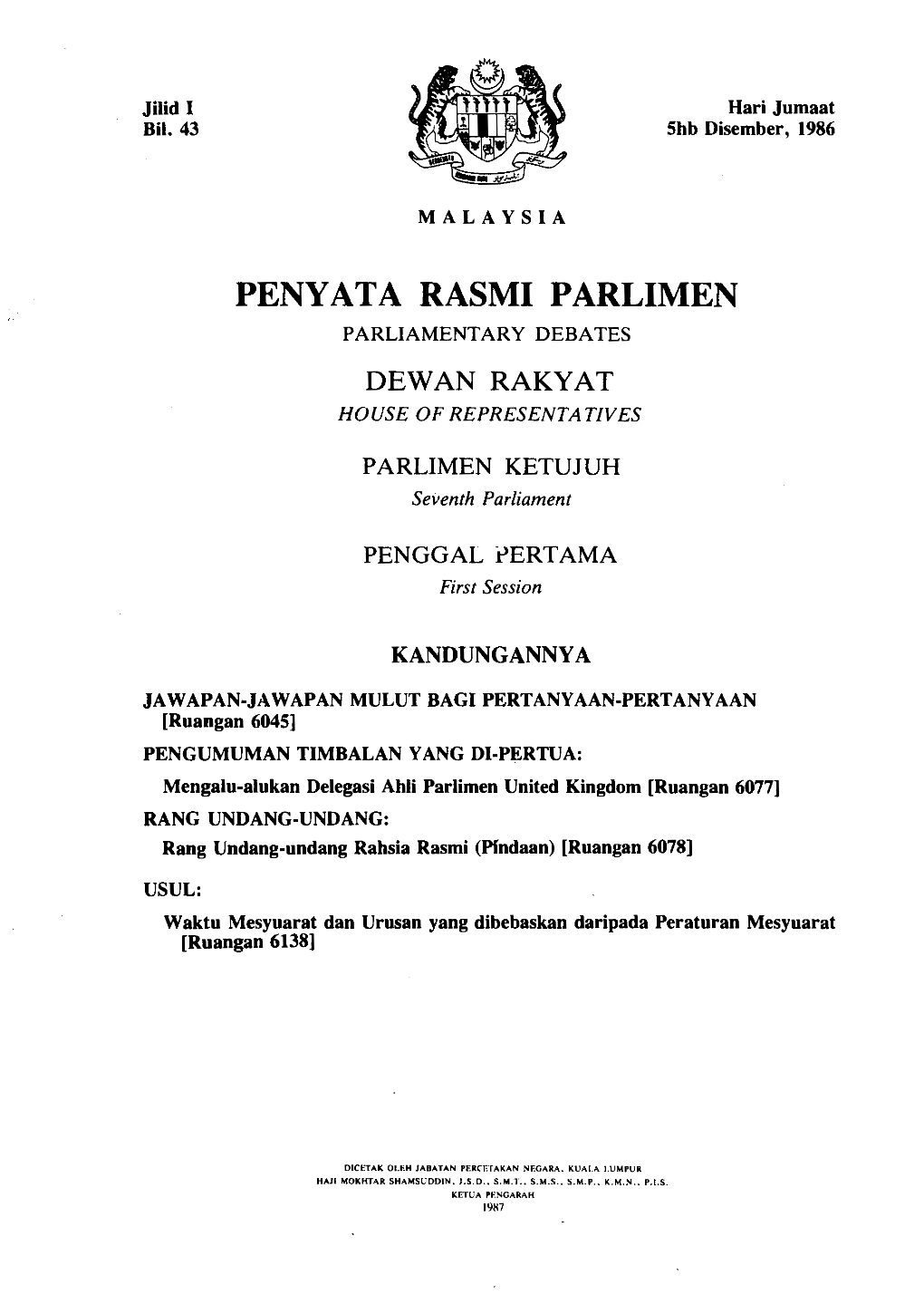 Penyata Rasmi Parlimen Parliamentary Debates Dewan Rakyat House of Representatives