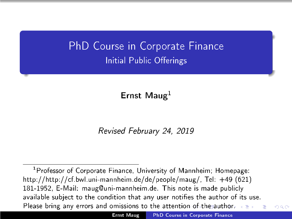 Phd Course in Corporate Finance Initial Public OErings