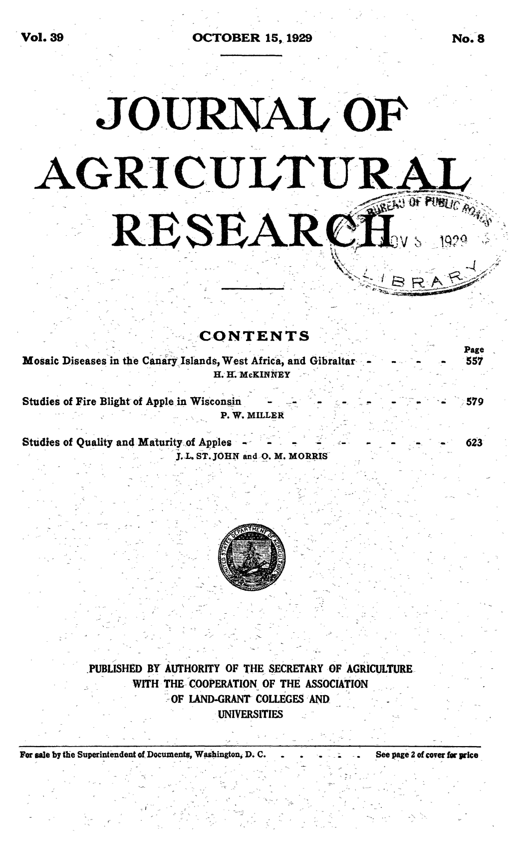 CONTENTS Page Mosaic Diseases in the Canary Islande, West Africa, and Gibraltar - 557 H.H.Mckinney