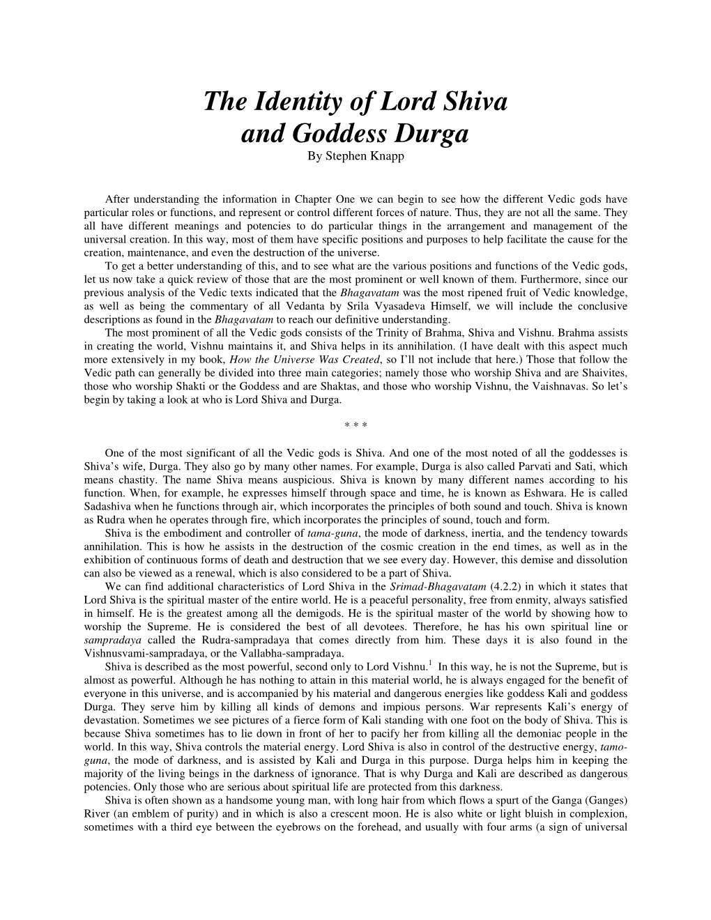 The Identity of Lord Shiva and Goddess Durga by Stephen Knapp