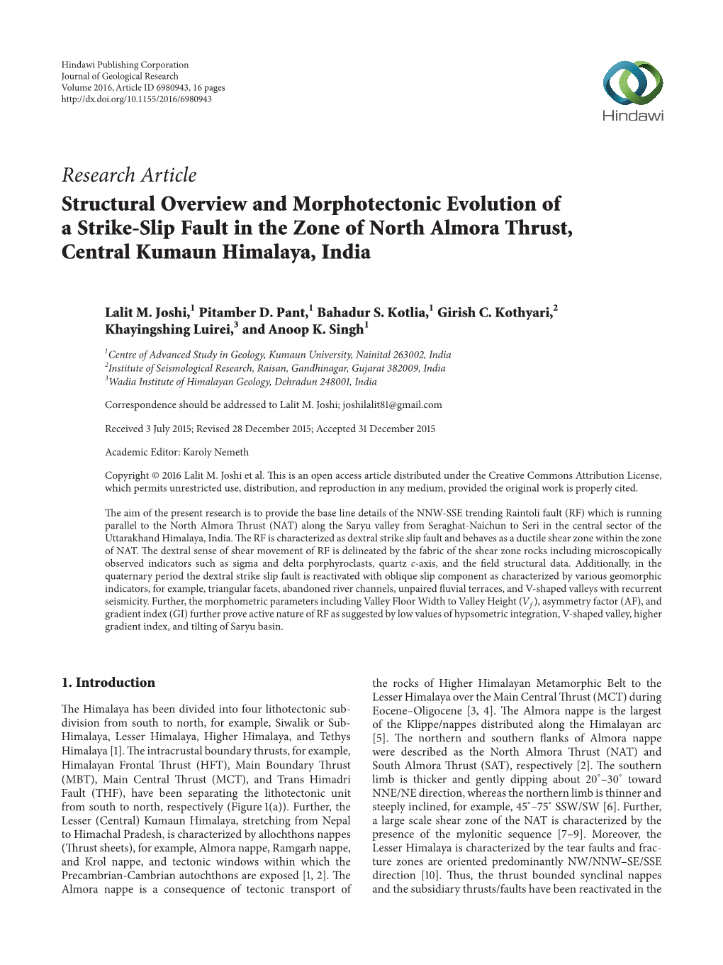 Structural Overview and Morphotectonic Evolution of a Strike-Slip Fault in the Zone of North Almora Thrust, Central Kumaun Himalaya, India