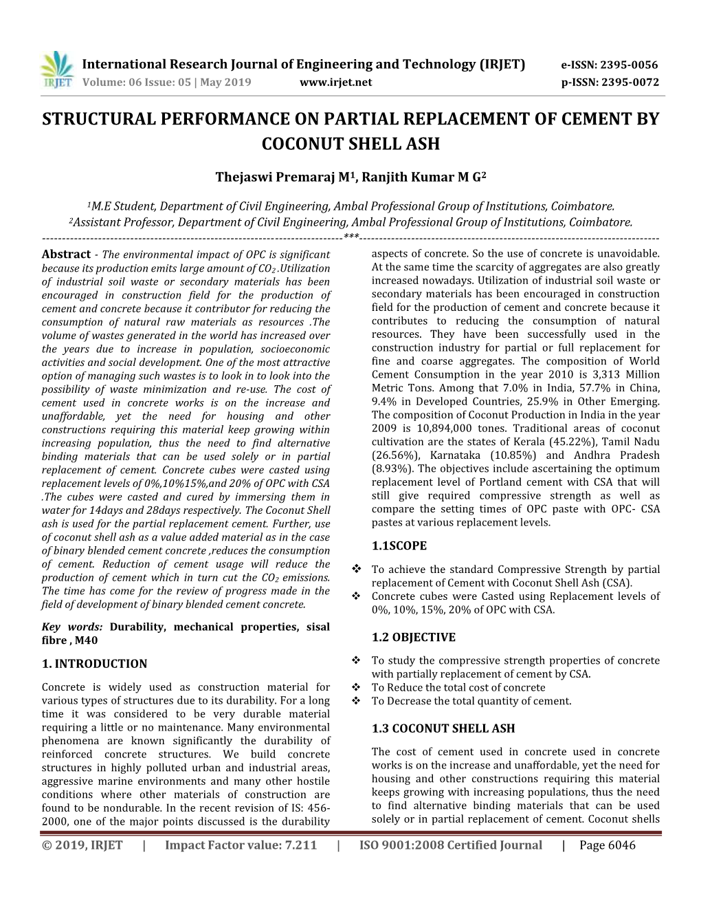 Structural Performance on Partial Replacement of Cement by Coconut Shell Ash