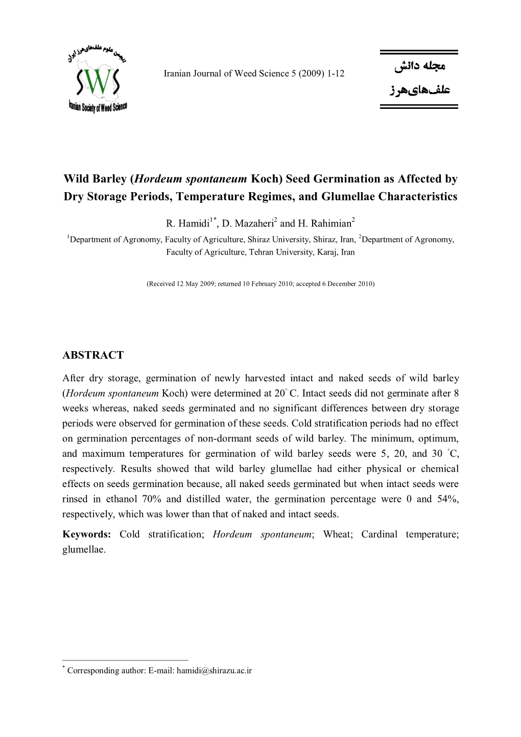 Wild Barley (Hordeum Spontaneum Koch) Seed Germination As Affected by Dry Storage Periods, Temperature Regimes, and Glumellae Characteristics