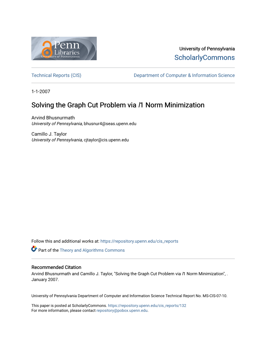 Solving the Graph Cut Problem Via L1 Norm Minimization